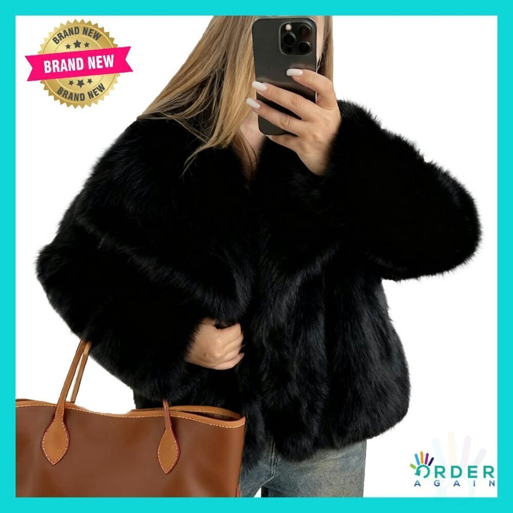 Cropped Faux Fur Coat Fluffy Furry Jacket Open Front Long Sleeve Chic